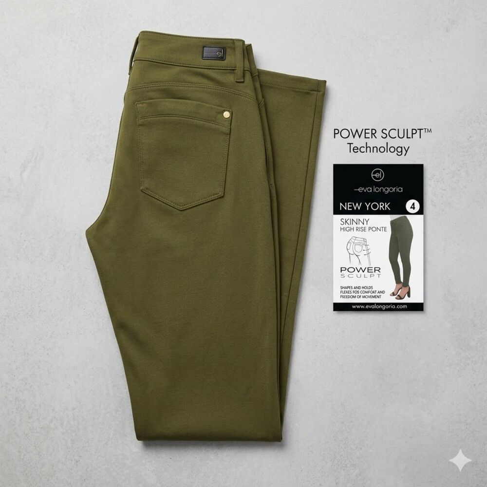 NWT Eva Longoria Power Sculpt High Rise Ponte Skinny Pants in Olive | Size 4